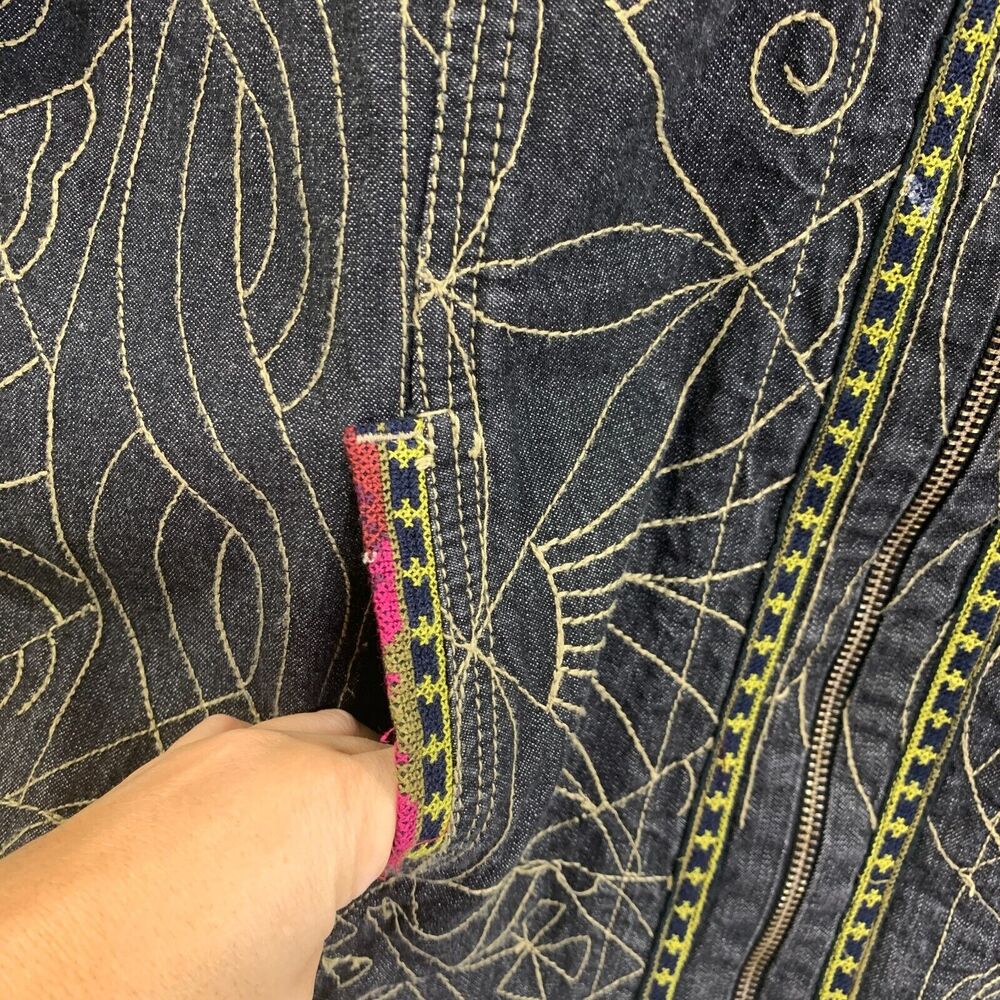 Chicos Denim Jacket Tribal Art Zip Cotton sz 2/ Large 12 Embroidered - Picture 9 of 13